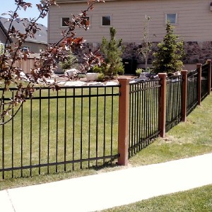Trex Fence posts with ornamental iron panels